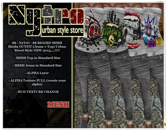 $$ - NyTrO - $$ RIGGED MESH Sheila OUTFIT Jeans + Tank Top HUD Change Textures NEW COLLECTION 2013..!!!