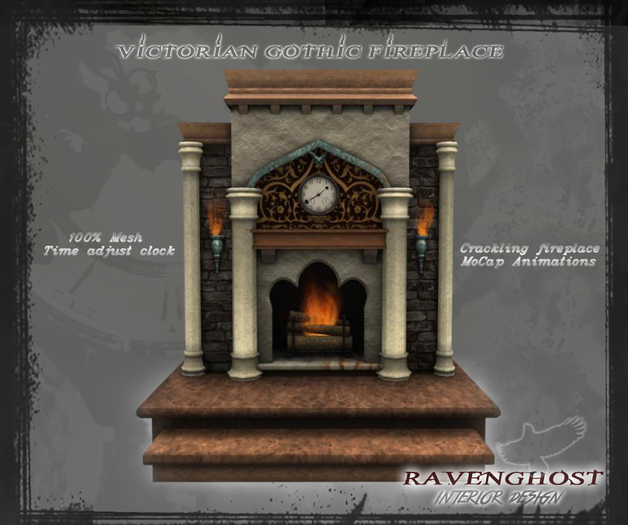 Victorian Gothic Fireplace with Clock & Sconces (9 PRIMS) COPY