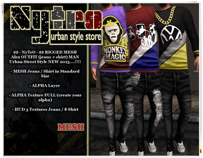 $$ - NyTrO - $$ RIGGED MESH Alex OUTFIT BLACK Jeans + Shirt HUD Multi Textures NEW COLLECTION 2013..!!!