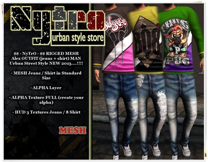 $$ - NyTrO - $$ RIGGED MESH Alex OUTFIT LIGHT BLUE Jeans + Shirt HUD Multi Textures NEW COLLECTION 2013..!!!