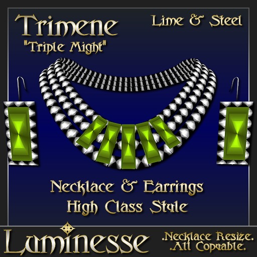 * * OUTLET PRICE * * TRIMENE "Triple Might" Lime Steel Necklace & Earrings Set - Green & Steel