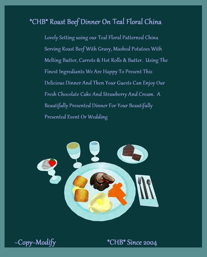Second Life Marketplace - Roast Beef Dinner On Teal Floral Pattern ...