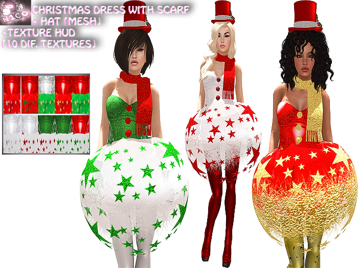 N1CO Christmas dress w Hat + Texture HUD (mesh) BAGGED - promo price