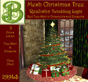 Full Mesh Xmas Tree w Realistic Twinkling lIghts, Shimmering, Star Red Skirt & 18 Presents, 3 Prim