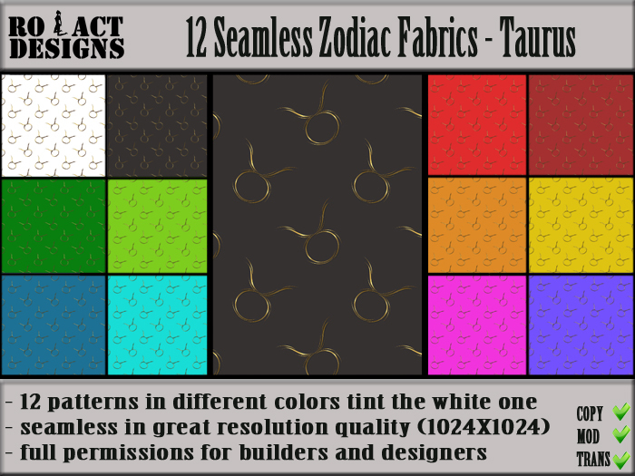 Ro!Act Designs 12 Seamless Zodiac Fabrics - Taurus Textures