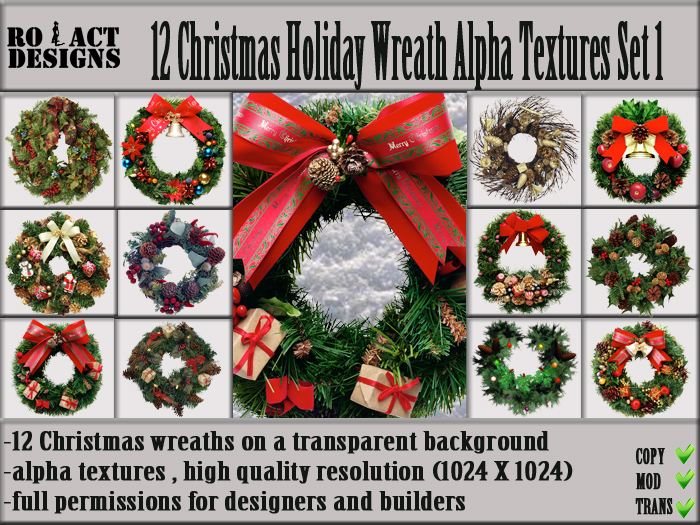 Ro!Act Designs 12 Christmas Holiday Wreath Alpha Textures Set 1