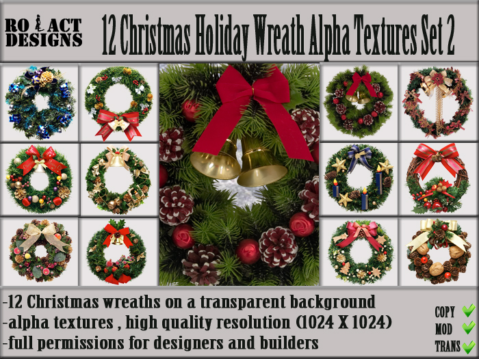 Ro!Act Designs 12 Christmas Holiday Wreath Alpha Textures Set 2