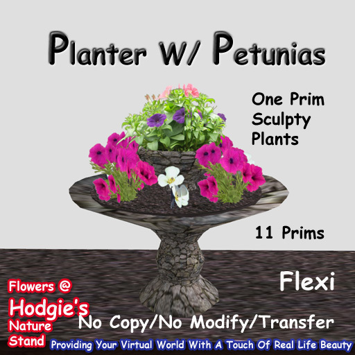 Hodgie's Flowers & Plants  --  Pedestal Planter With Mixed Petunias & Flowers (One Prim Plant)(One P