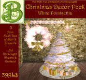 BG Full Mesh White Poinsettia Tree Christmas Decor Set Realistic Lights, Matching Tree Skirt, Presents,Wreath, Garland