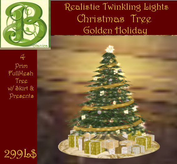 Full Mesh Golden Holiday Xmas Tree w Realistic Twinkling lIghts, Shimmering, Star , Skirt  & 18 Presents, 3 Prim
