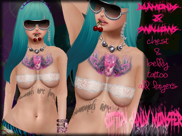 {C.C.M.} Diamonds & Swallows Chest Tattoo