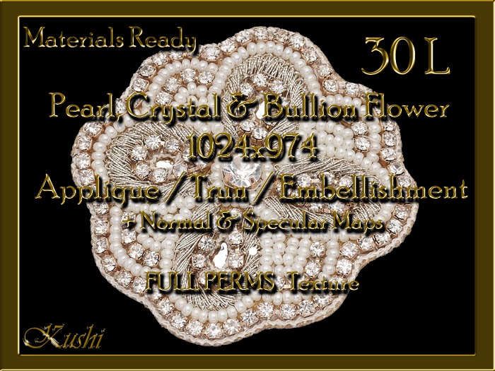 *Kushi* Pearl, Crystal & Bullion Flower 1024x974 Applique / Embellishment / Trim with Alpha Full Perms Materials Ready