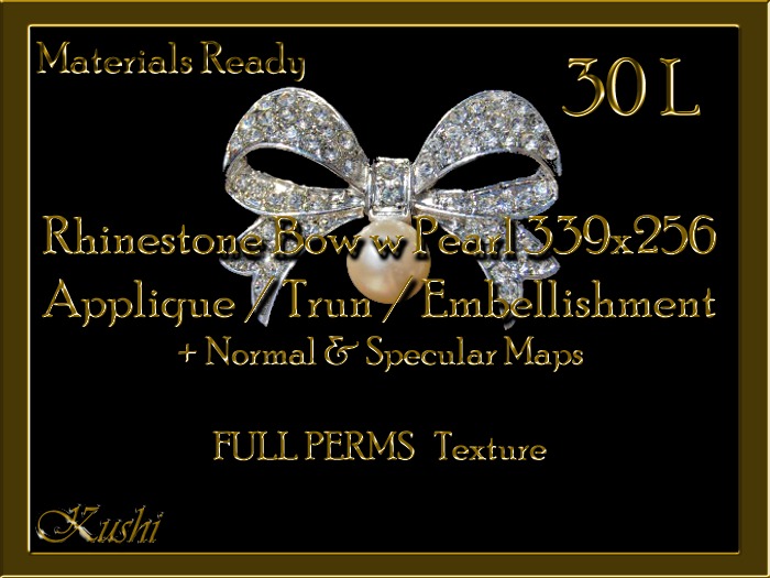 *Kushi* Rhinestone Bow with Pearl 339x256 Applique / Embellishment / Trim with Alpha Full Perms Materials Ready