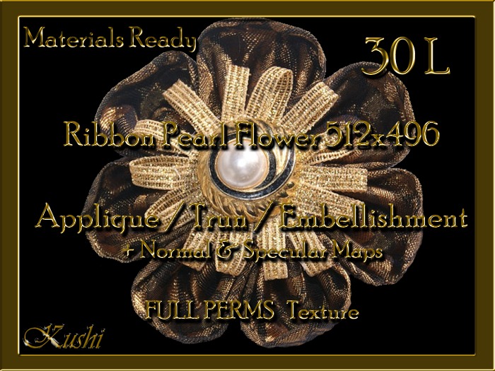 *Kushi* Ribbon & Pearl Flower 512x496 Applique / Embellishment / Trim with Alpha Full Perms Materials Ready