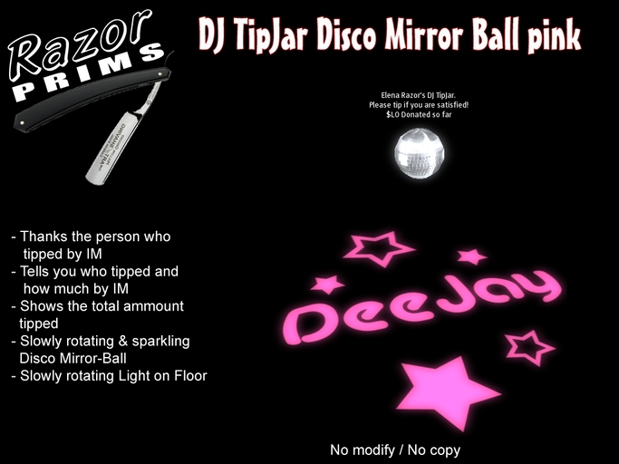*RazorPrims* DJ TipJar Disco Mirror Ball pink / Tip Jar / Donation
