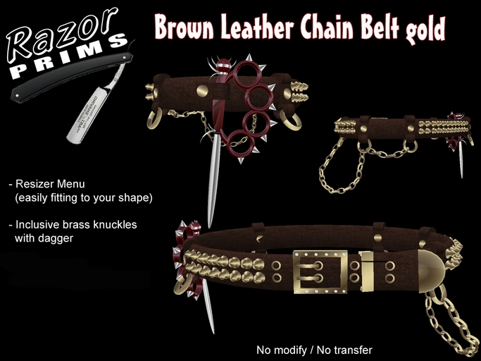 *RazorPrims* Brown Leather Chain Belt with Knuckle Knife