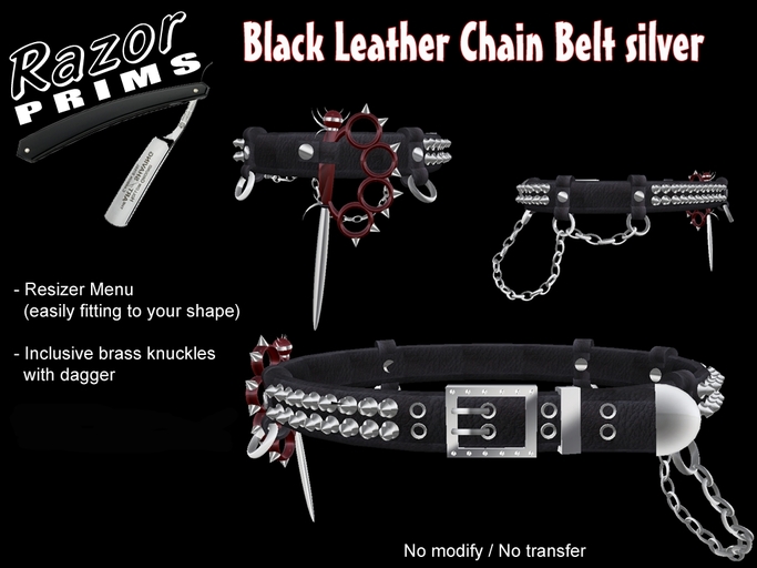 *RazorPrims* Black Leather Chain Belt with Knuckle Knife