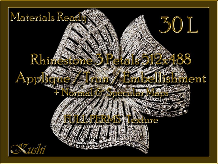*Kushi* Rhinestone 3 Petals 512x488 Applique / Embellishment / Trim with Alpha Full Perms Materials Ready
