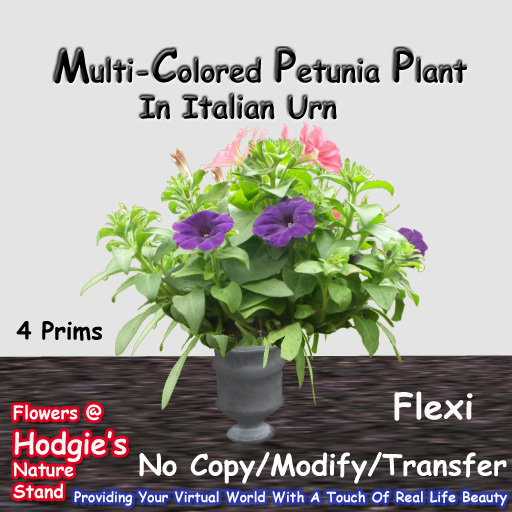 Hodgie's Flowers & Plants  --Petunias (Pink & Purple) In Italian Urn (Flexi Plant)
