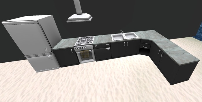 Linked kitchen Grey units with white marble worktop