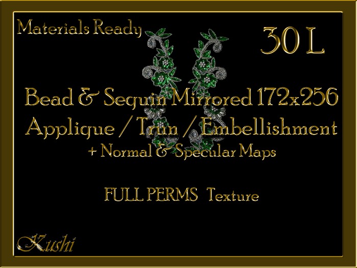 *Kushi* Bead & Sequin Mirrored Pair 172 x 256 Applique / Embellishment / Trim with Alpha Full Perms Materials Ready