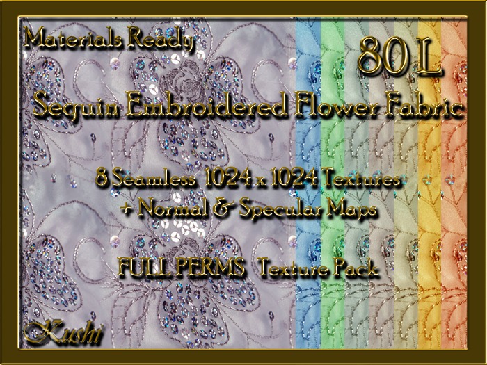 *Kushi* Sequin Embroidered Flower Seamless Textures Materials Ready Full Perms High Res 1024x1024 Tileable Repeating