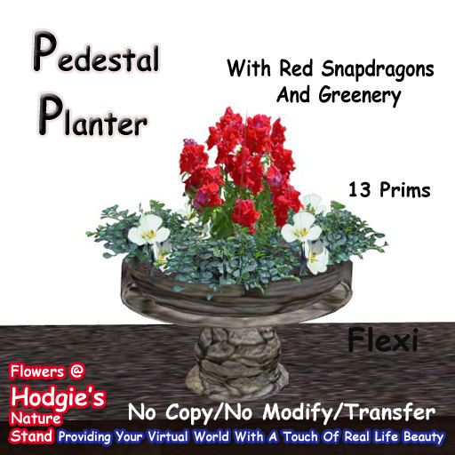 Hodgie's Flowers & Plants  --  Pedestal Planter W/Red SnapDragon & Greens Flexi & One Prim Plants