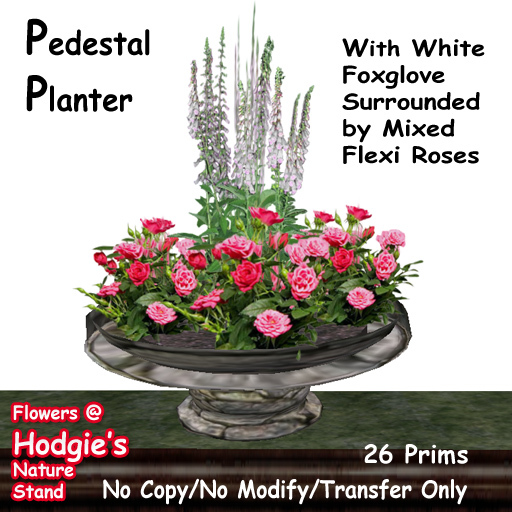 Hodgie's Flowers & Plants  --  Pedestal Planter w/Mixed Pink Roses & White Foxglove (Flexi Plants)