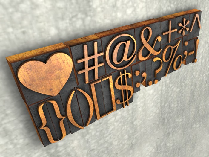 OO Letterpress: Baskerville - Punctuation Set. Letter, Character, Alphabet