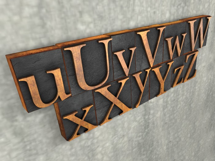 OO Letterpress: Baskerville - U to Z. Letter, Character, Alphabet