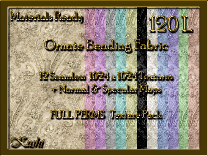 *Kushi* Ornate Beading Fabric Seamless Textures Materials Ready Full Perms 1024x1024 Tileable Repeating