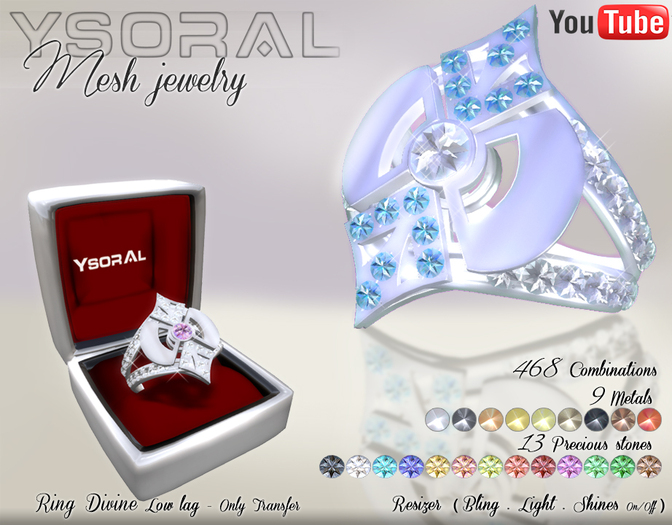 ~~ Ysoral ~~ .:  Ring Divine & gems:.25 metal & precious stones -Resiser-Bling-light-shine on/off 