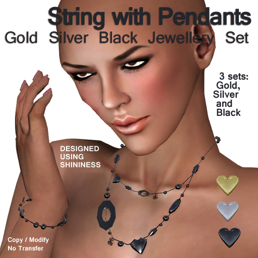 String with Pendants Gold & Silver and Black Jewelry Set