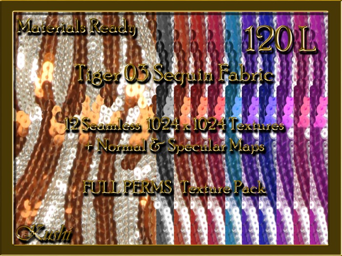 *Kushi* Tiger 03 Sequin Animal Print Fabric Seamless Textures Materials Ready Full Perms 1024x1024 Tileable Repeating