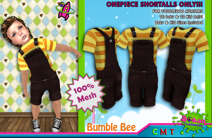 [SKL] Toddleedoo Bumble Bee Mesh Shortalls / Overalls SHORT