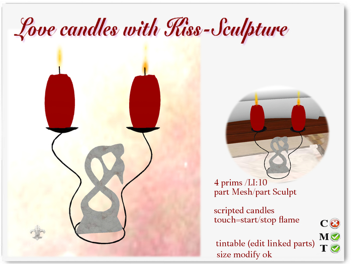 2 Love Candles with kiss sculptureMT