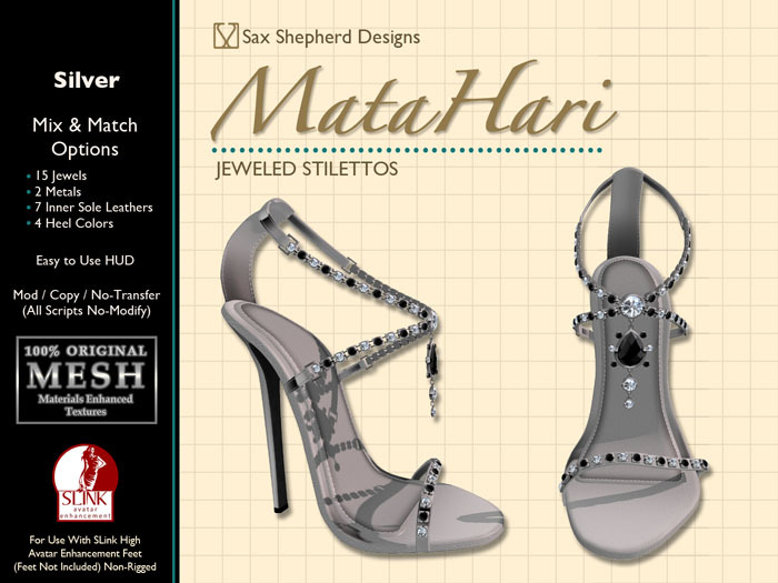 ! !SSD ~ Mata Hari Jeweled Stiletto ~ Silver Leather