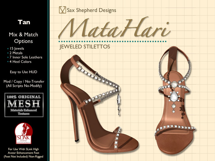 ! !SSD ~ Mata Hari Jeweled Stiletto ~ Tan Leather