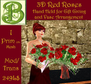 3D Mesh Red Roses Hand Held Bouquet and  Glass Vase for Display  - 1 Prim