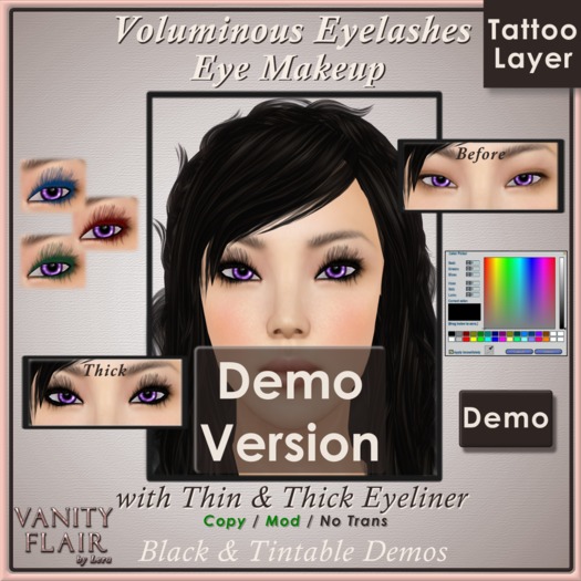 DEMO Tintable & Black VOLUMINOUS Eyelashes with Thin & Thick Eyeliner - UNISEX Tattoo