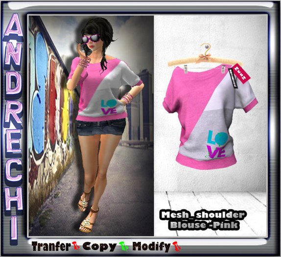 "=AnDreChi=" - Mesh_Ladies Off-shoulder Blouse -Pink