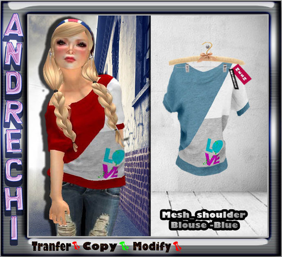 "=AnDreChi="  - Mesh_Ladies Off-shoulder Blouse -Blue