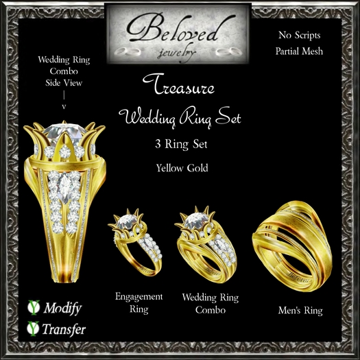 Wedding Ring Engagement Bento Set by Beloved Jewelry : Treasure Wedding Ring Set (Yellow Gold) 3 Ring Set Partial Mesh