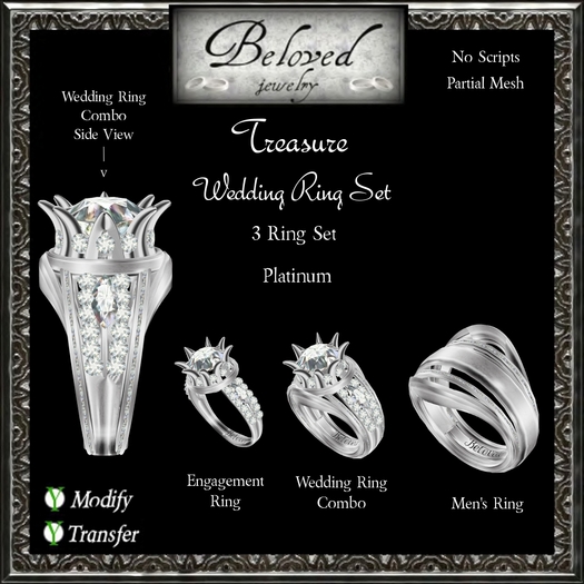 Engagement Wedding Ring Bento Set by Beloved Jewelry : Treasure Wedding Ring Set (Platinum) 3 Ring Set Partial Mesh