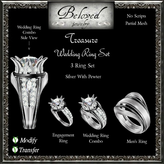 Wedding Ring Engagement Bento Set by Beloved Jewelry : Treasure Wedding Ring Set (Silver/Pewter) 3 Ring Set Partial Mesh