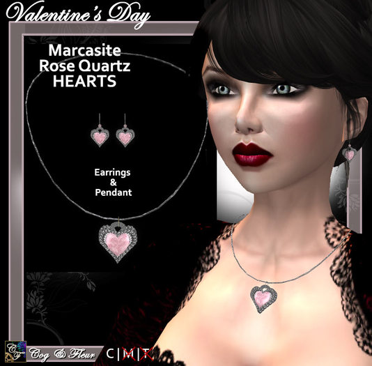 C&F Marcasite & Rose Quartz Heart Jewelry Set