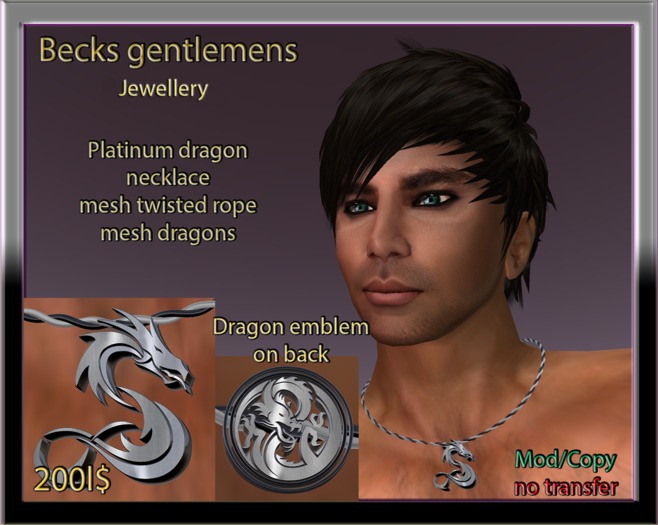 Second Life Marketplace Platinum dragon charm mens necklace