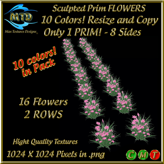 Sculpted Prim FLOWERS 2 ROWS - 10 COLORS - 1PRIM - 8 SIDES