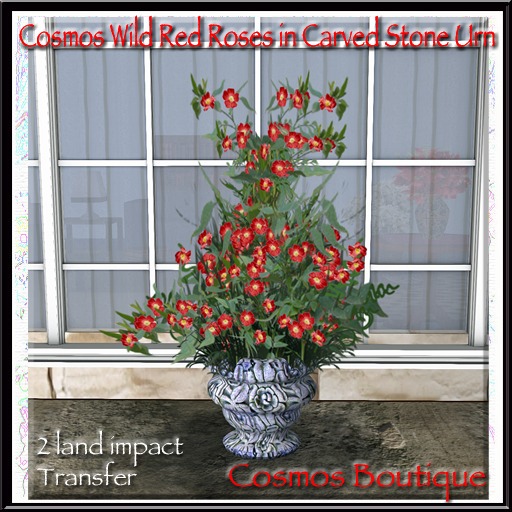 Cosmos Wild Red Roses In Carved Stone Urn(BOX)