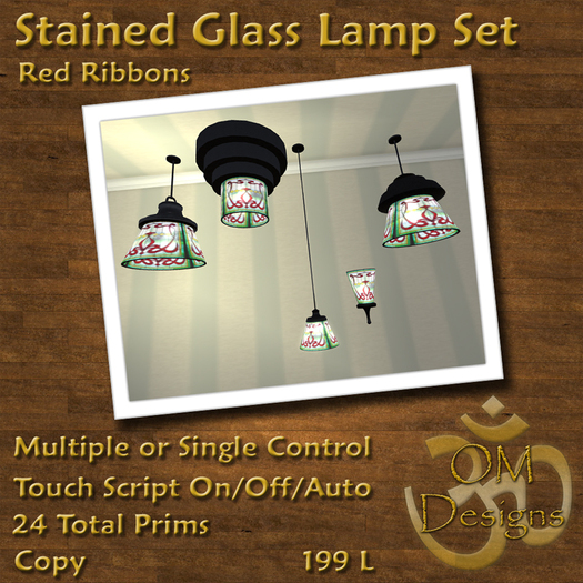 Stained Glass Lamp Set: Red Ribbons - OM Designs